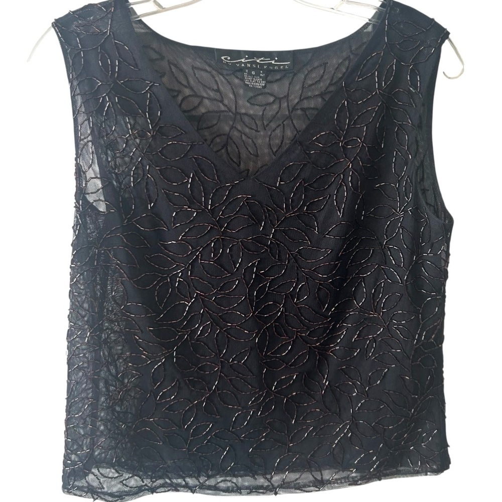 Citi by‎ Yansi Fugel Women's Vintage Y2K Black Sheer Beaded Tank in Size 6
